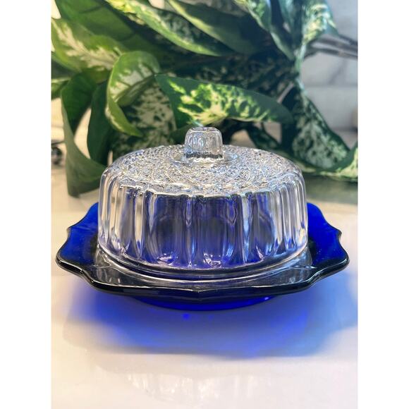 Vintage Cobalt Blue Butter Dish with Clear Lid 1950's MCM - Picture 7 of 7